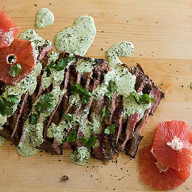 Grapefruit-Marinated Flank Steak with Creamy Cilantro Dressing