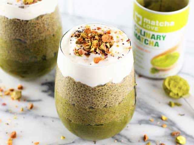 Two servings of Ombre pudding with matcha and can of culinary matcha