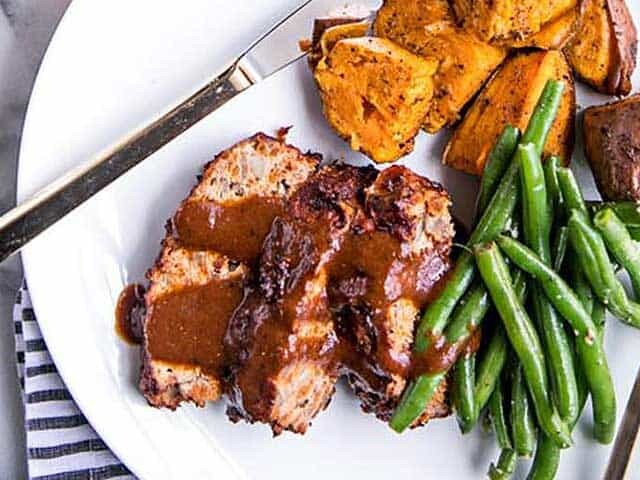 Plate of Gluten Free Meatloaf, sweet potatoes and green beans