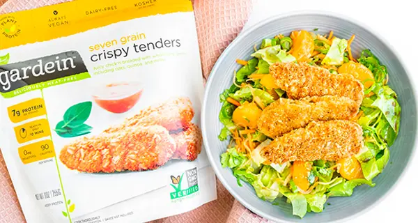 Gardein package next to crispy chicken salad