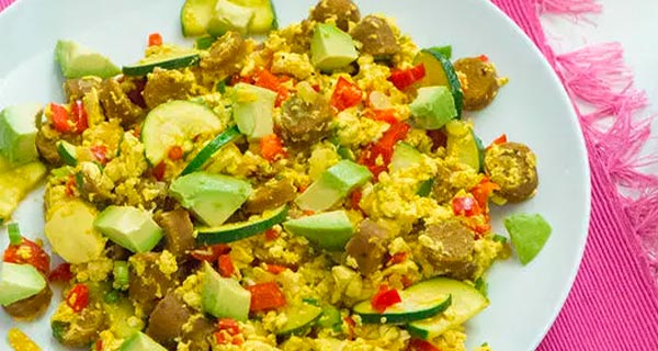 vegan sausage tofu scramble on a plate