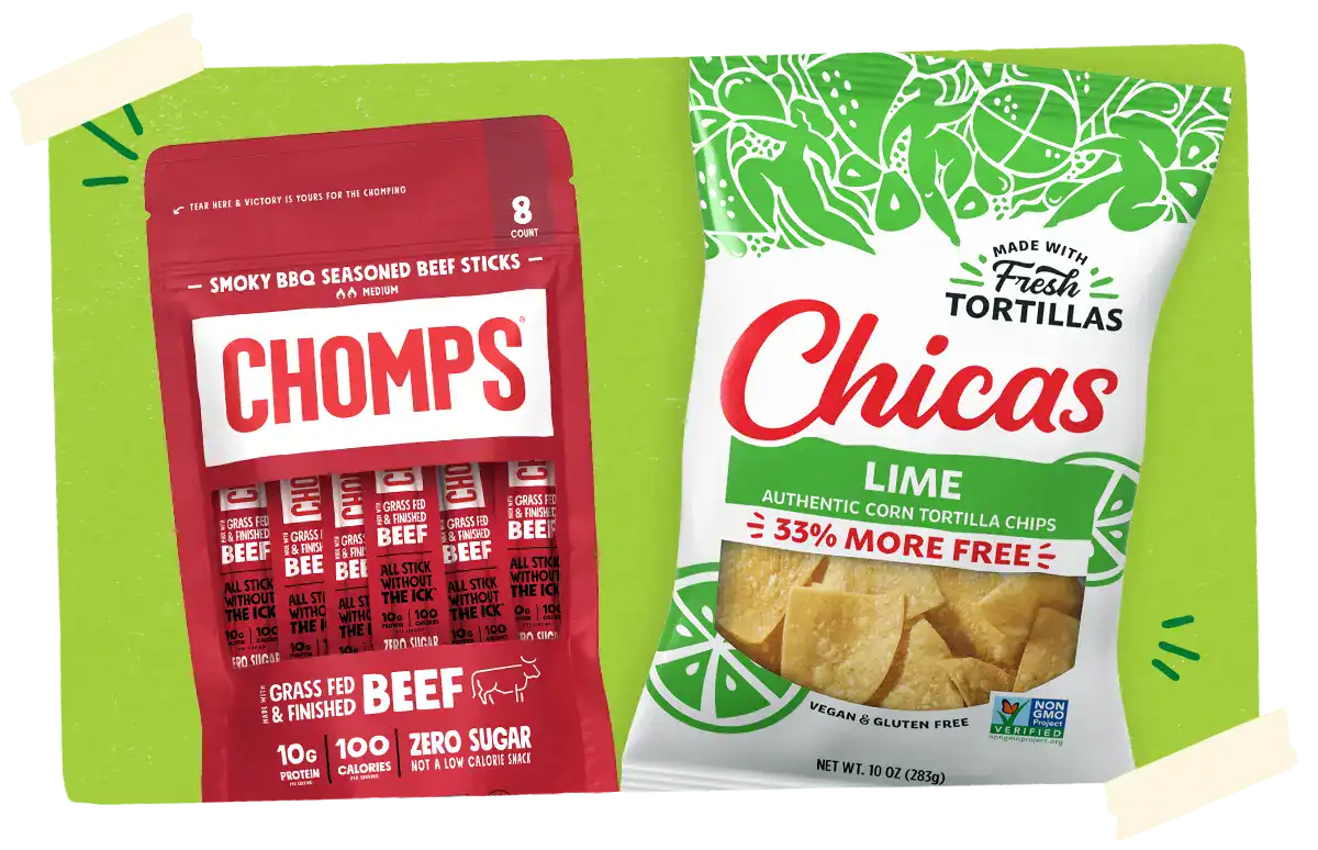 Chomps beef sticks and Chicas tortilla chips
