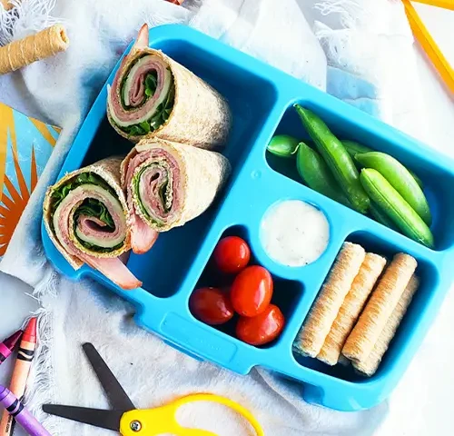 Turkey rolls and veggies in a bento box