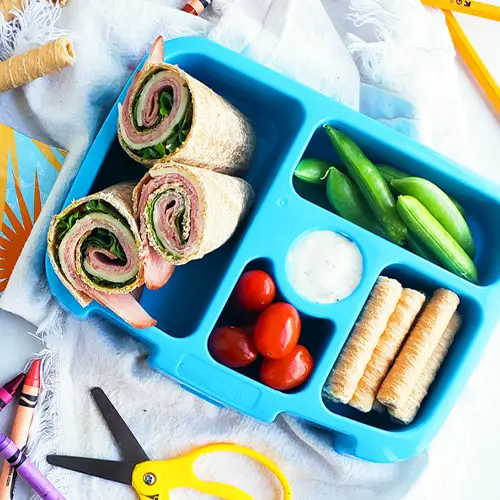 Turkey rolls and veggies in a bento box