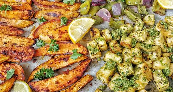 Sweet Potato Tofu diner on a sheet pan