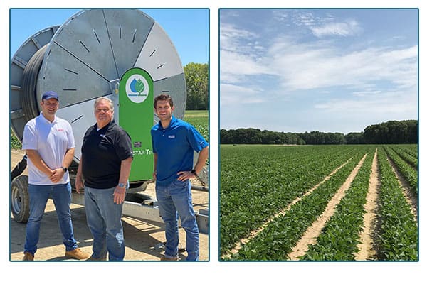 Nardelli Brothers standing in front of farm equipment, and image of crop field.