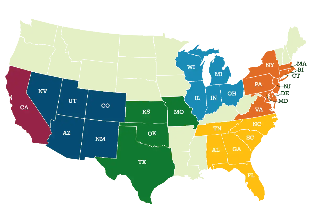 U.S.A. Map with targeted states highlighted.