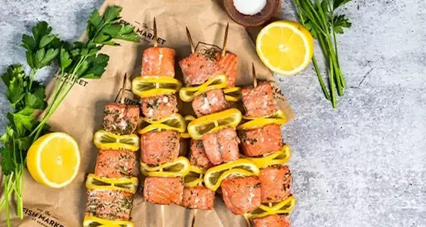 Salmon Skewers on a tabletop