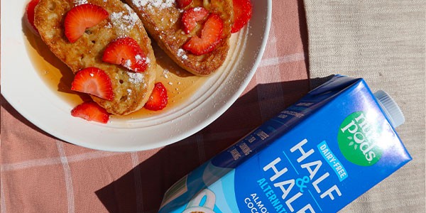 sourdough French toast next to nut pods half & half box.