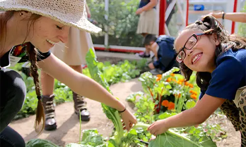 teacher teaching student to garden