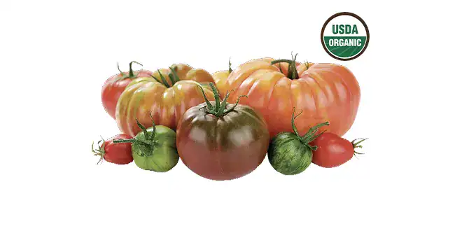 Herloom Tomatoes next to USDA Organic icon