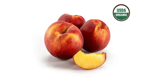 Yellow Peaches with the USDA Organic logo next to it