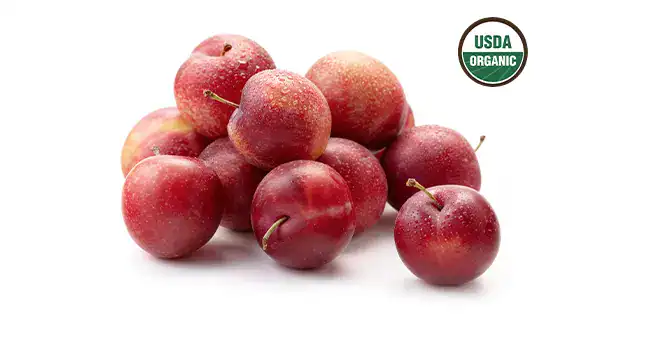 Verry Cherry plums next to USDA organic logo
