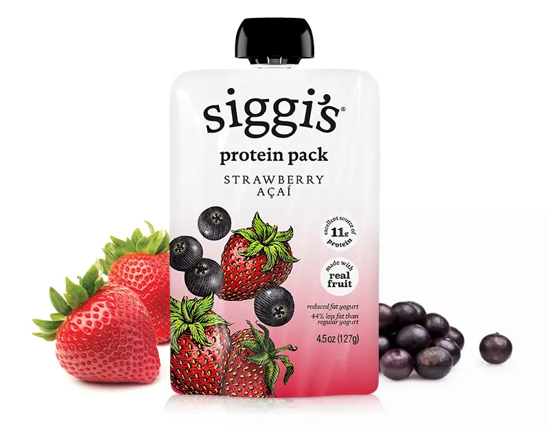 Siggis Strawberry and acai protein pack surrounded by fruit