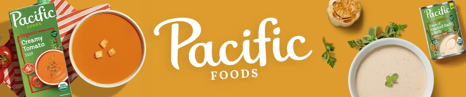 Pacific Foods logo surrounded by bowls of soups