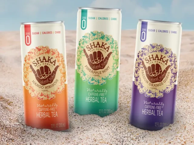 Shaka tea flavor varieties on a beach background