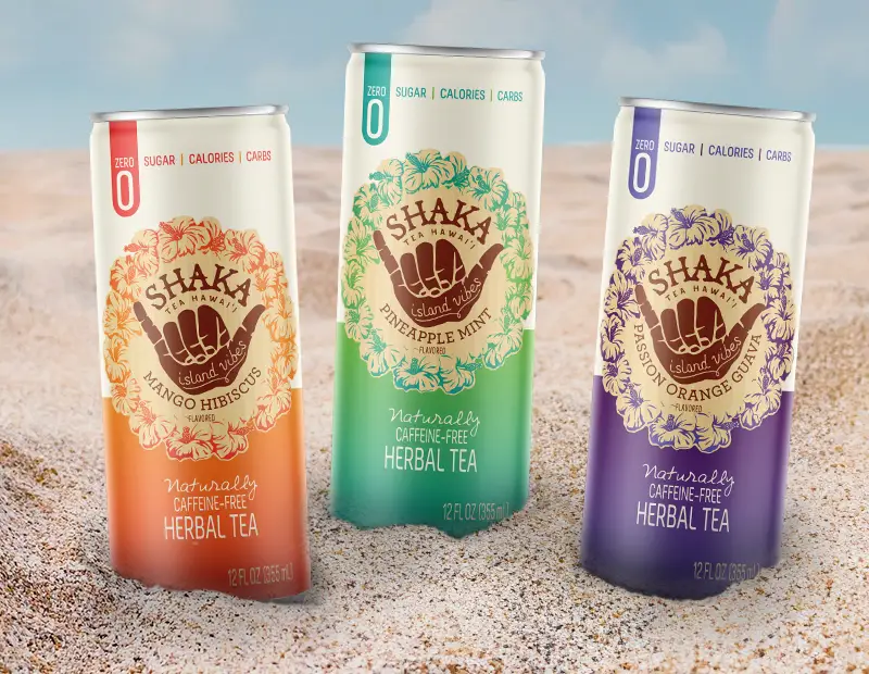 Shaka tea flavor varieties on a beach background