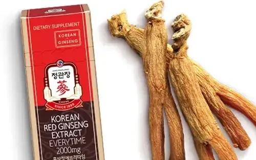 Korean Red Ginseng package next to dried ginseng