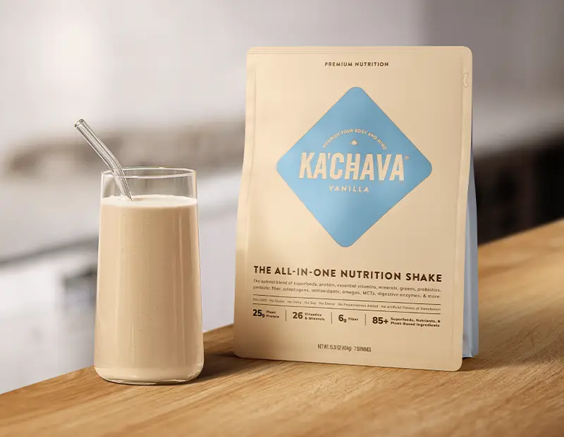 Vanilla KaChava package next to a glass