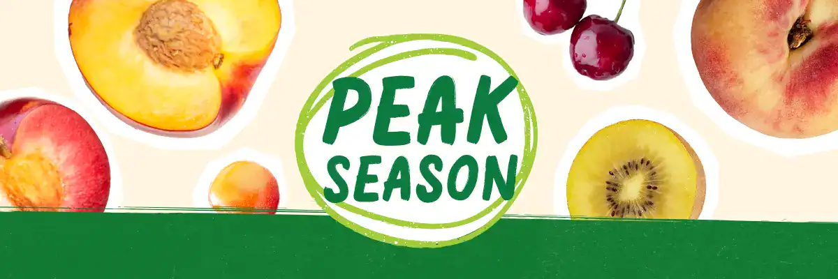 Peak Season logo surrounded by produce