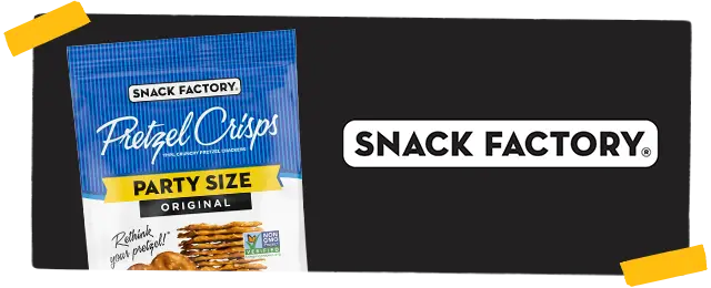 Snack Factory logo next to bag of Pretzel Crisps