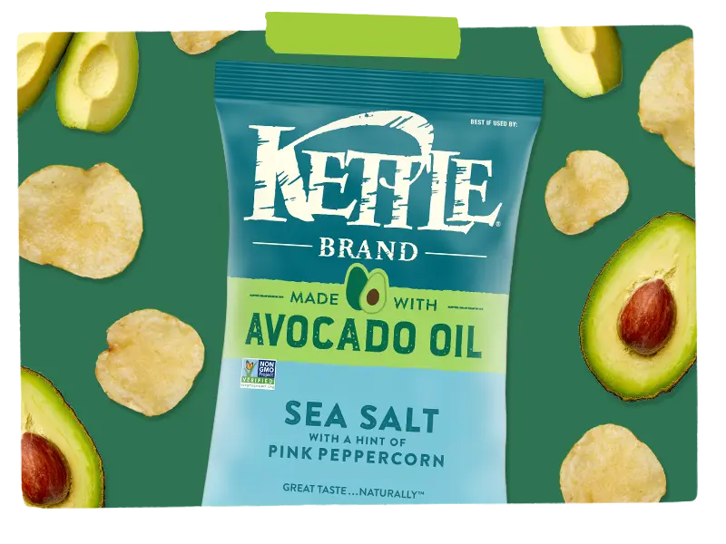 Kettle brand chips surrounded by avocados