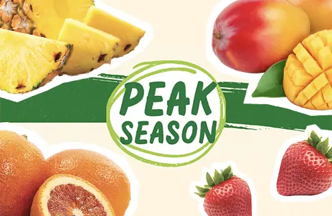 Peak Season Produce logo surrounded by produce.