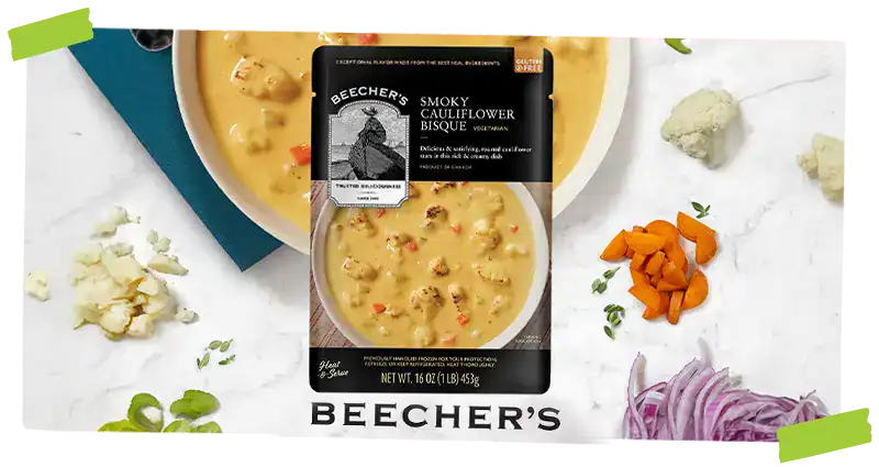 Beechers logo next to cauliflower bisque