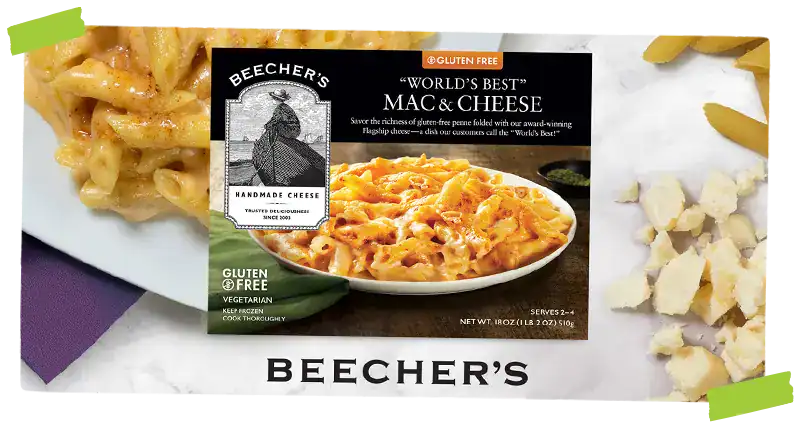 Beechers logo next to gluten free mac and cheese