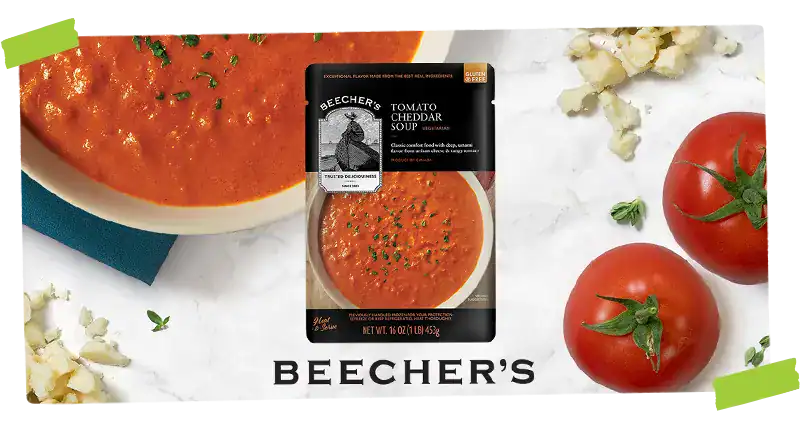 Beechers logo next to tomato soup