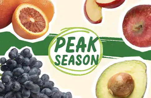 Peak Season logo surrounded by produce