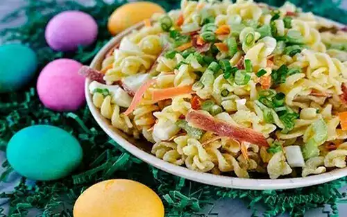 Rainbow Deviled Egg Pasta Salad
