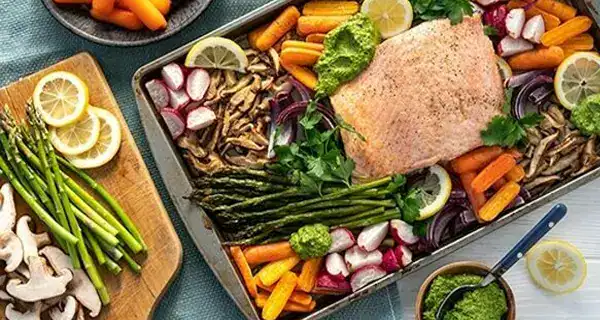 Bright & Flaky Sheet Pan Salmon Primavera